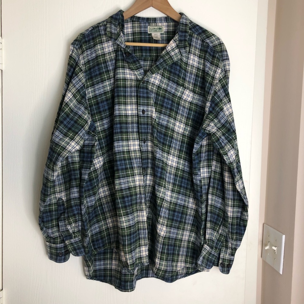 L.L. Bean Green Blue Plaid Flannel Button Down